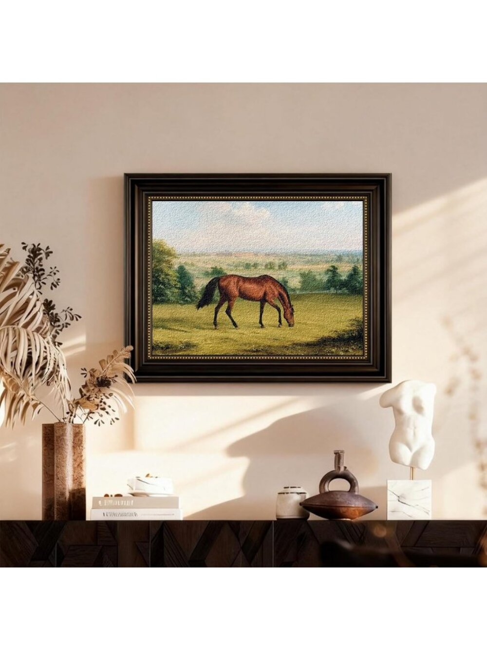 Vintage Framed Wall Art - Chestnut Horse Pastoral Print, 20x16 Home Decor